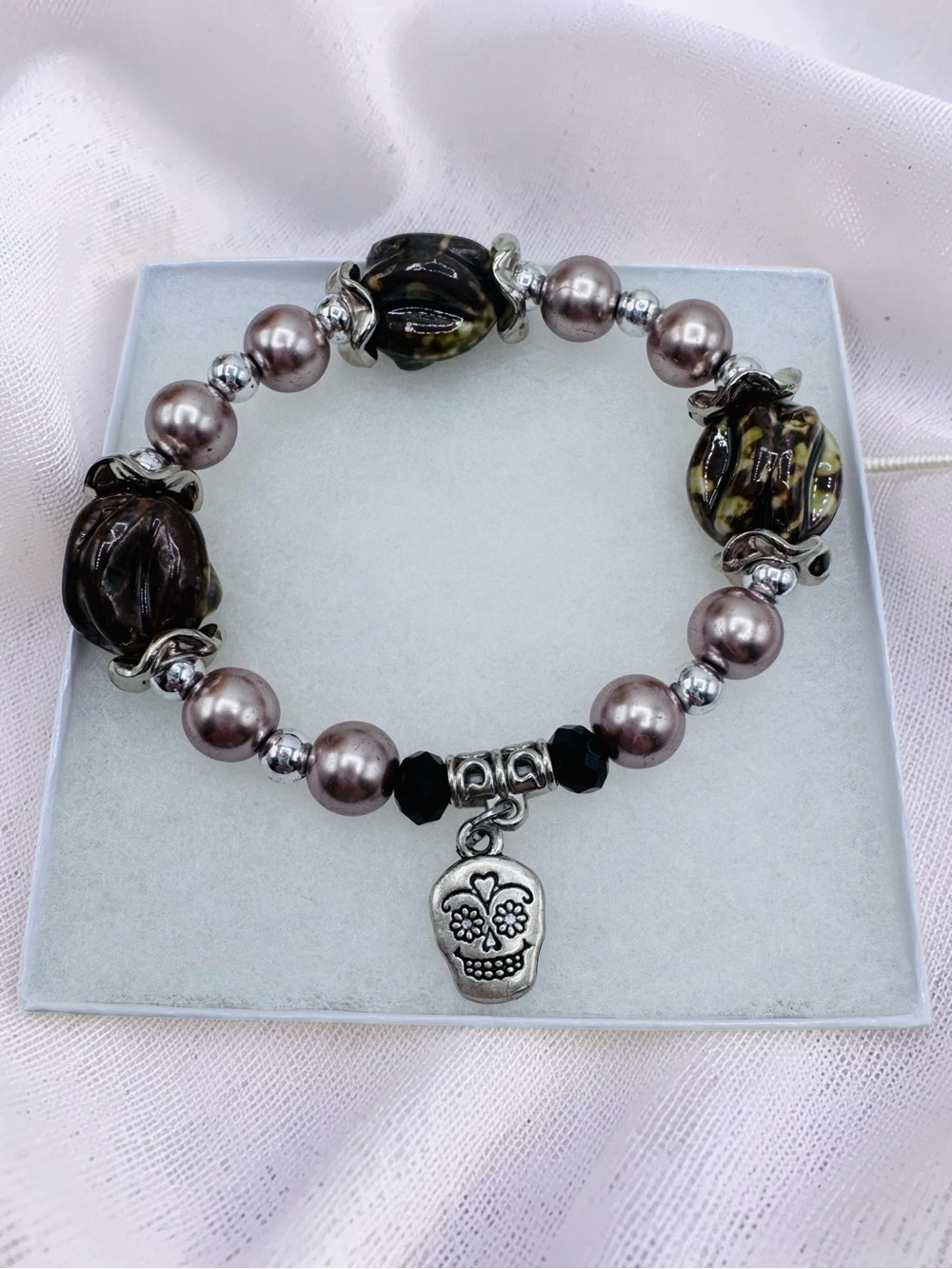 Chunky Beaded Stretch Bracelet w/ Sugar Skull Charm Pearl & Glass Beads